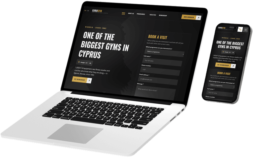 Eurogym Nicosia bilingual gym website mockup
